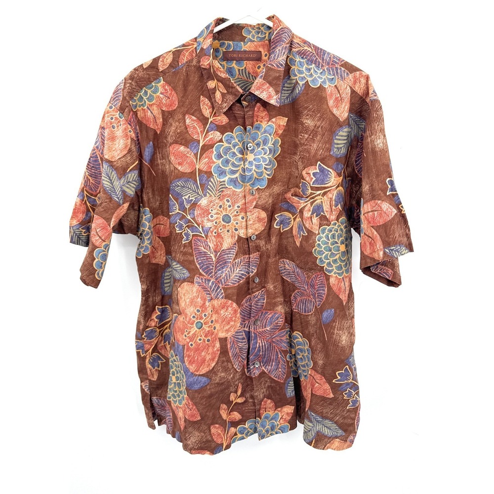 Tori Richard Mens XL Cotton Lawn Floral Hawaiian Button Up Shirt Brown Orange